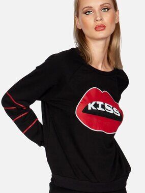 NWT Lauren Moshi (Item- 125) Black Red Crew Kiss Lips Pure Cashmere Sweater L